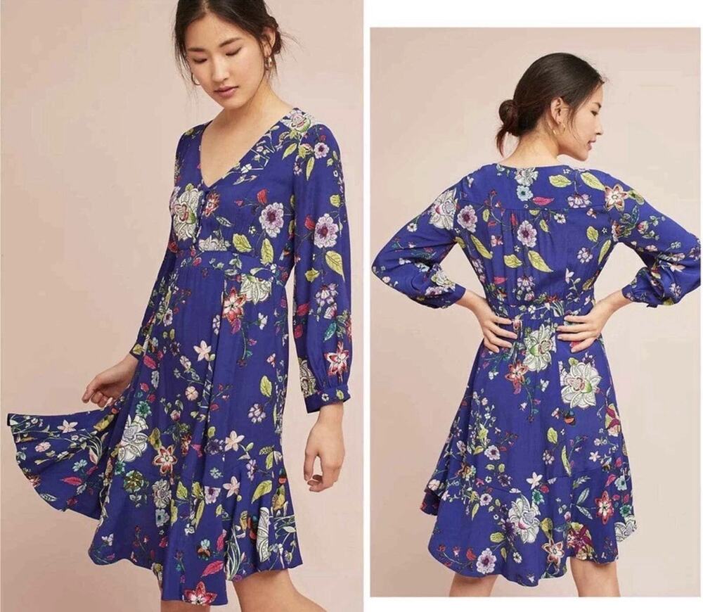 Anthropologie Maeve Women’s Boho Maplewood Blue Floral Dress Sz Small
